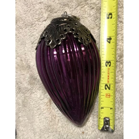 Purple Glass Christmas Ornaments Ornate Silver Caps Kugel? Vintage Very Heavy - Picture 12 of 14